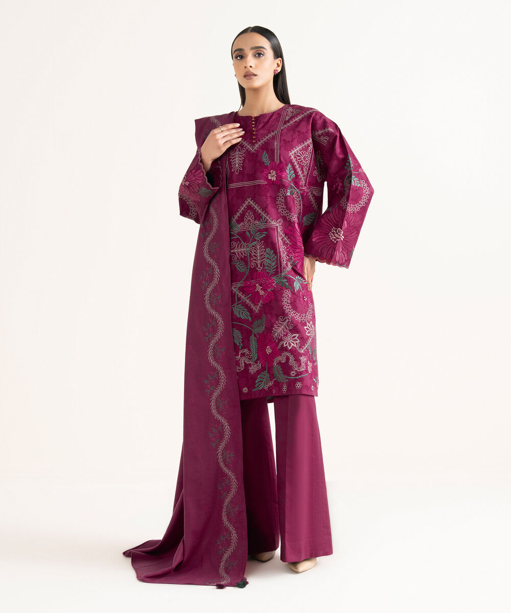 Women's Unstitched Cotton Jacquard Embroidered Fuchsia 3 Piece Suit