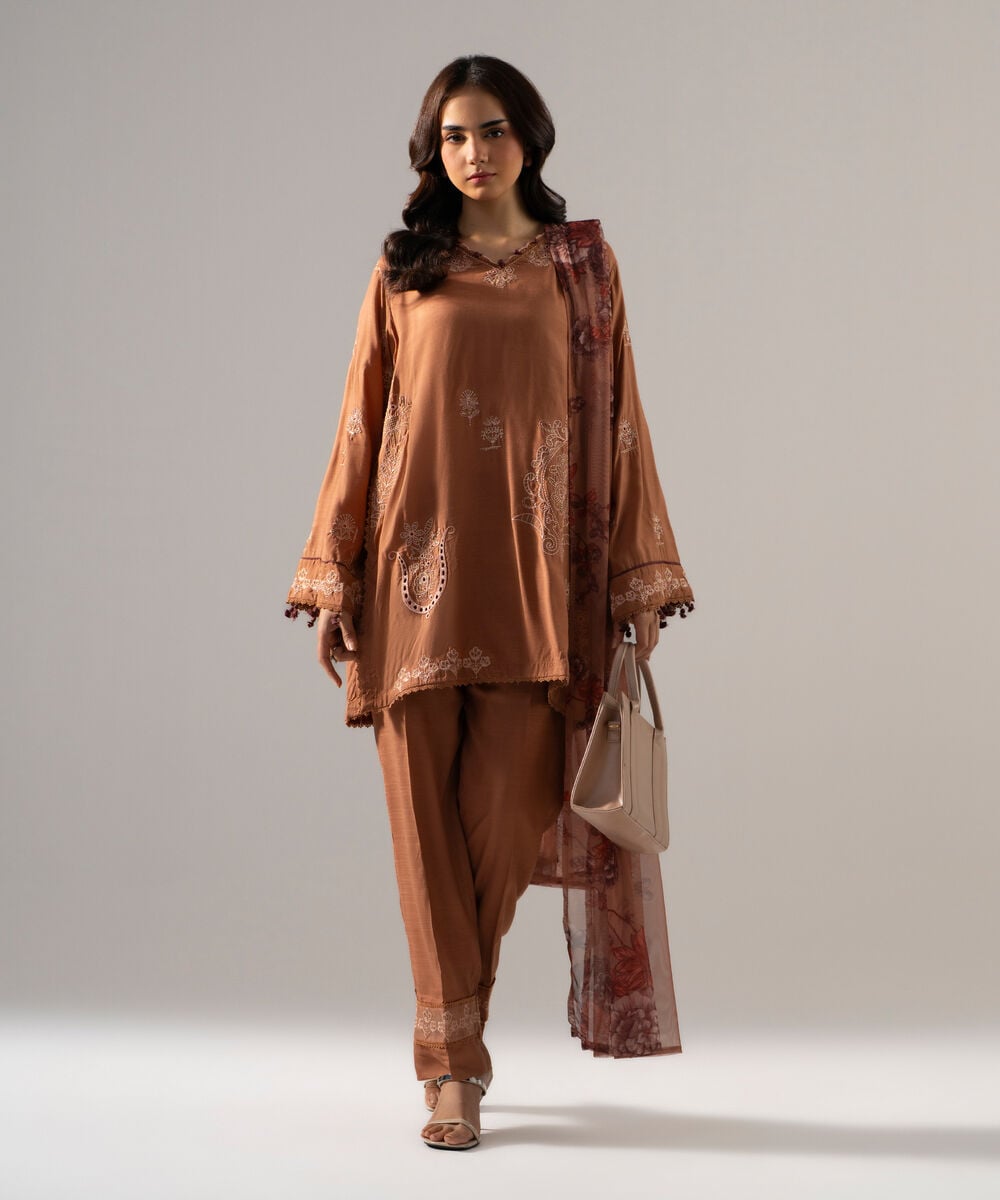 Women's RTW PK Raw Silk Solid Embroidered Brown 3 Piece Suit