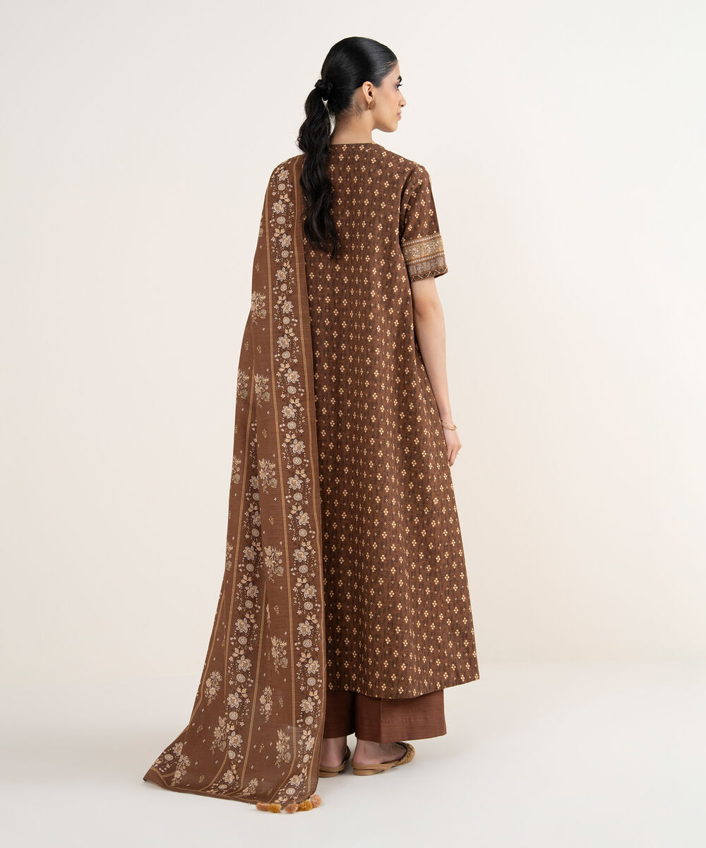 Women's Unstitched Printed Khaddar Brown 3 Piece Suit
