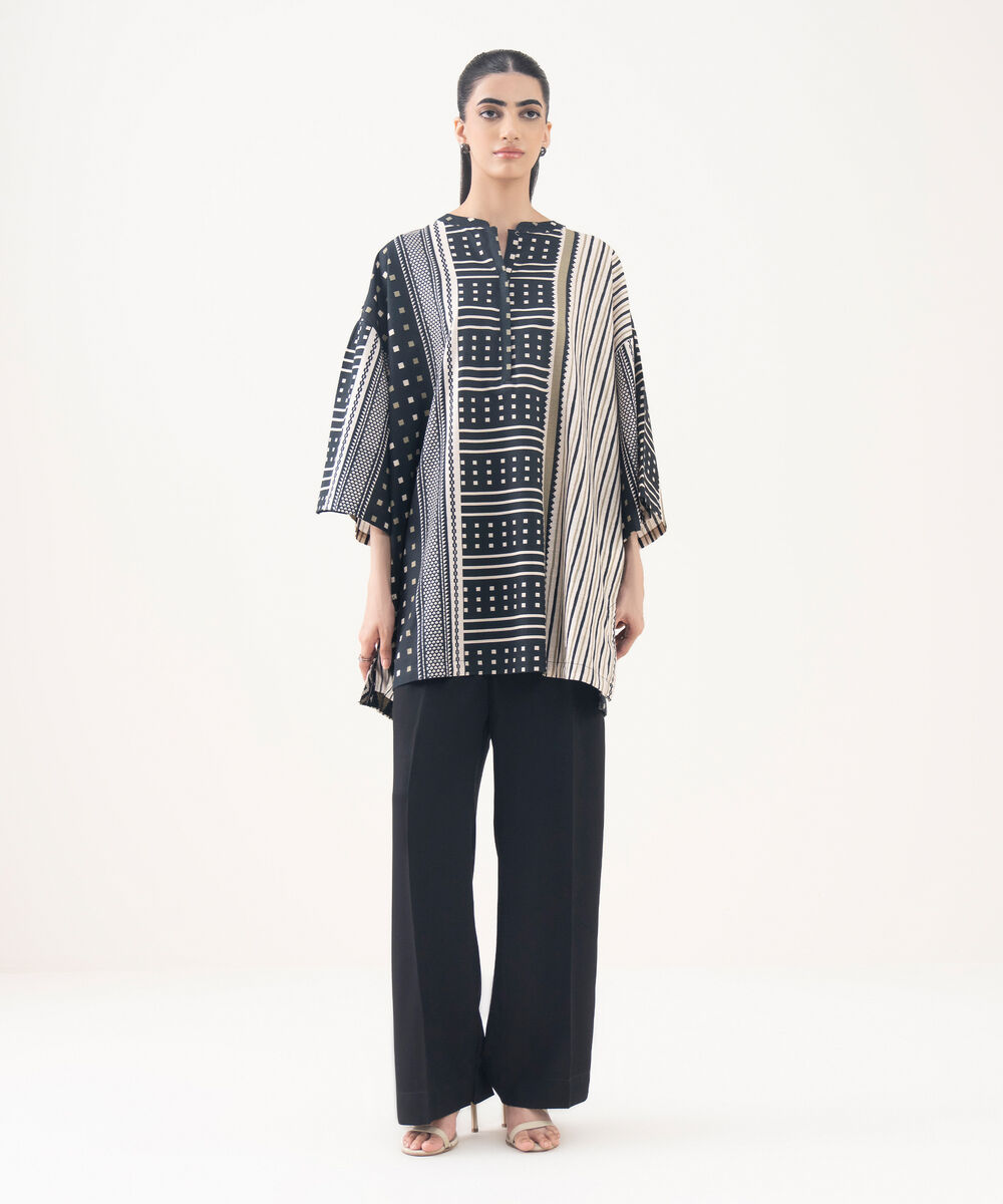 Women's RTW Light Khaddar Black Printed Boxy Shirt