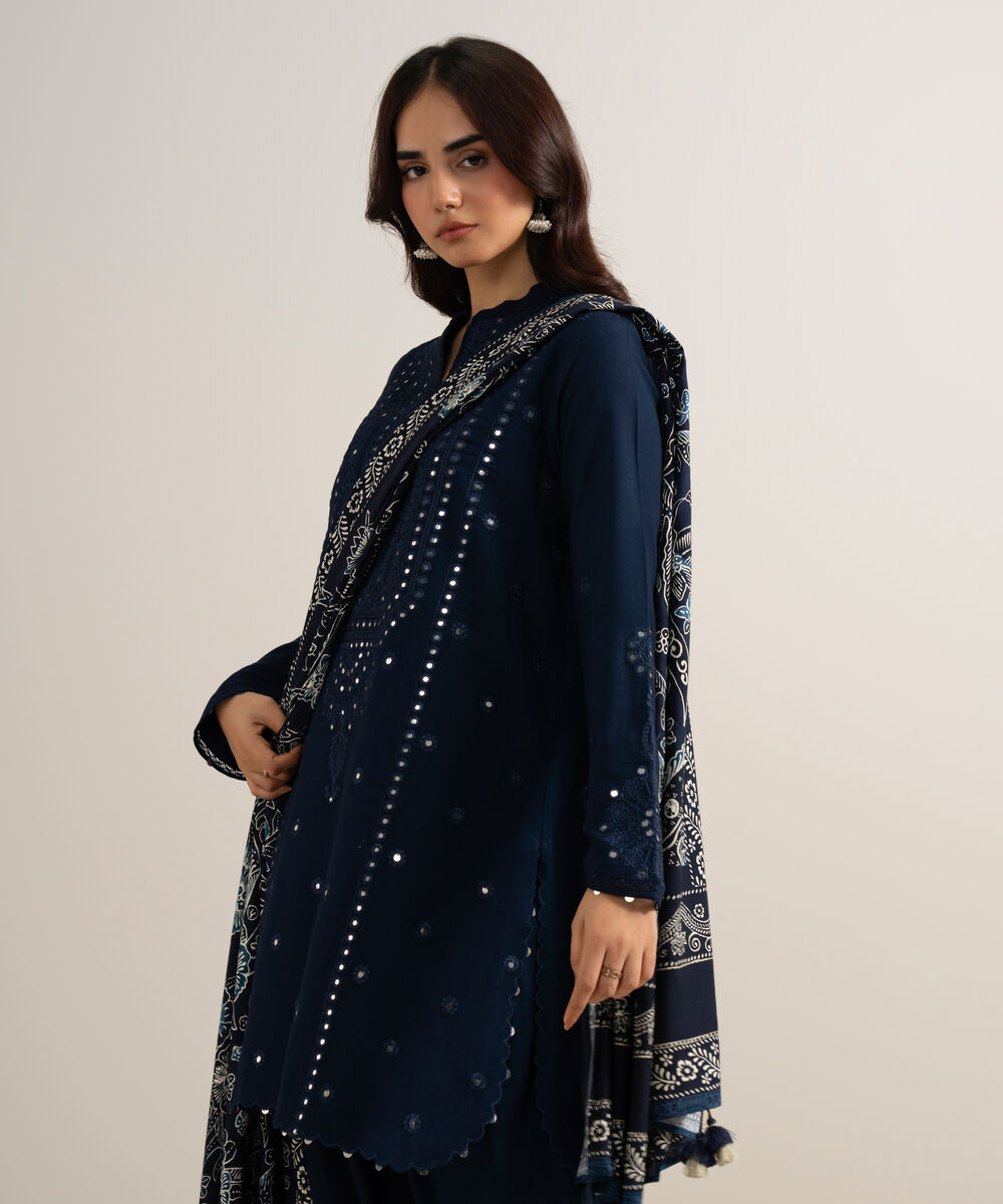 Women's Unstitched Embroidered Linen Blue 3 Piece Suit