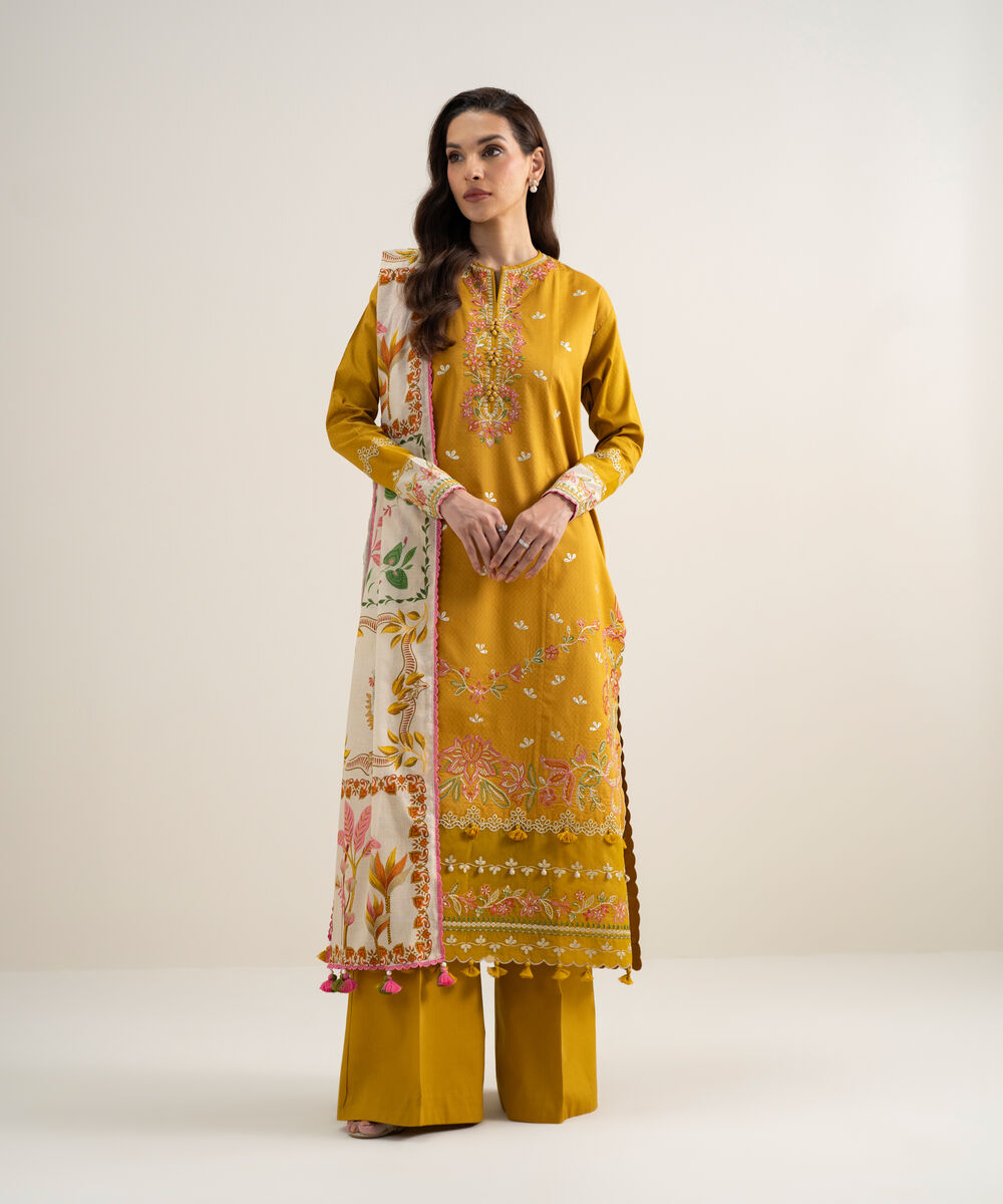 Women's Unstitched Dobby Embroidered Mustard 3 Piece Suit