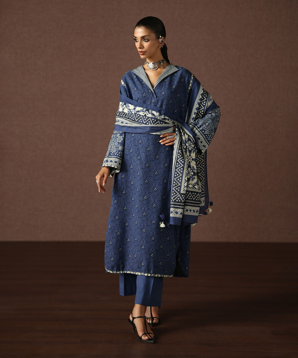 Women's Unstitched Light Khaddar Printed Blue 3 Piece Suit