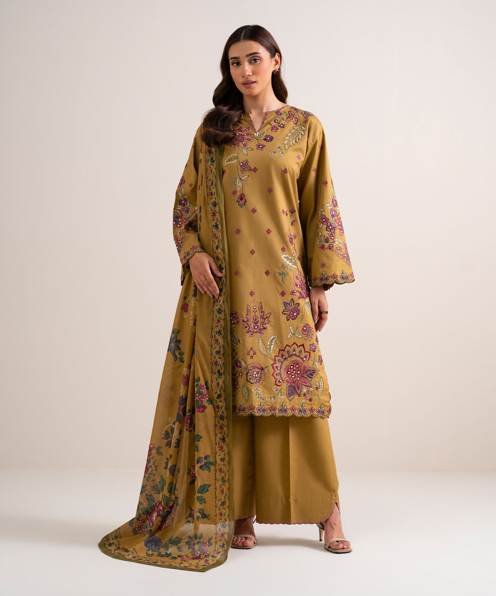 Women's Unstitched Embroidered Cotton Viscose Mustard 3 Piece Suit