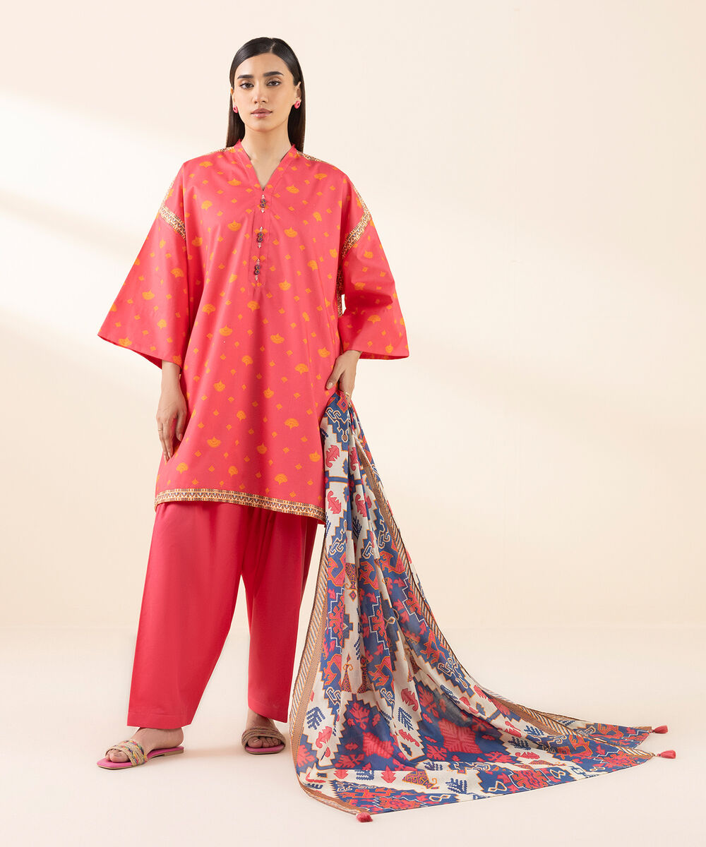 Women's Unstitched Lawn Printed Pink 3 Piece Suit
