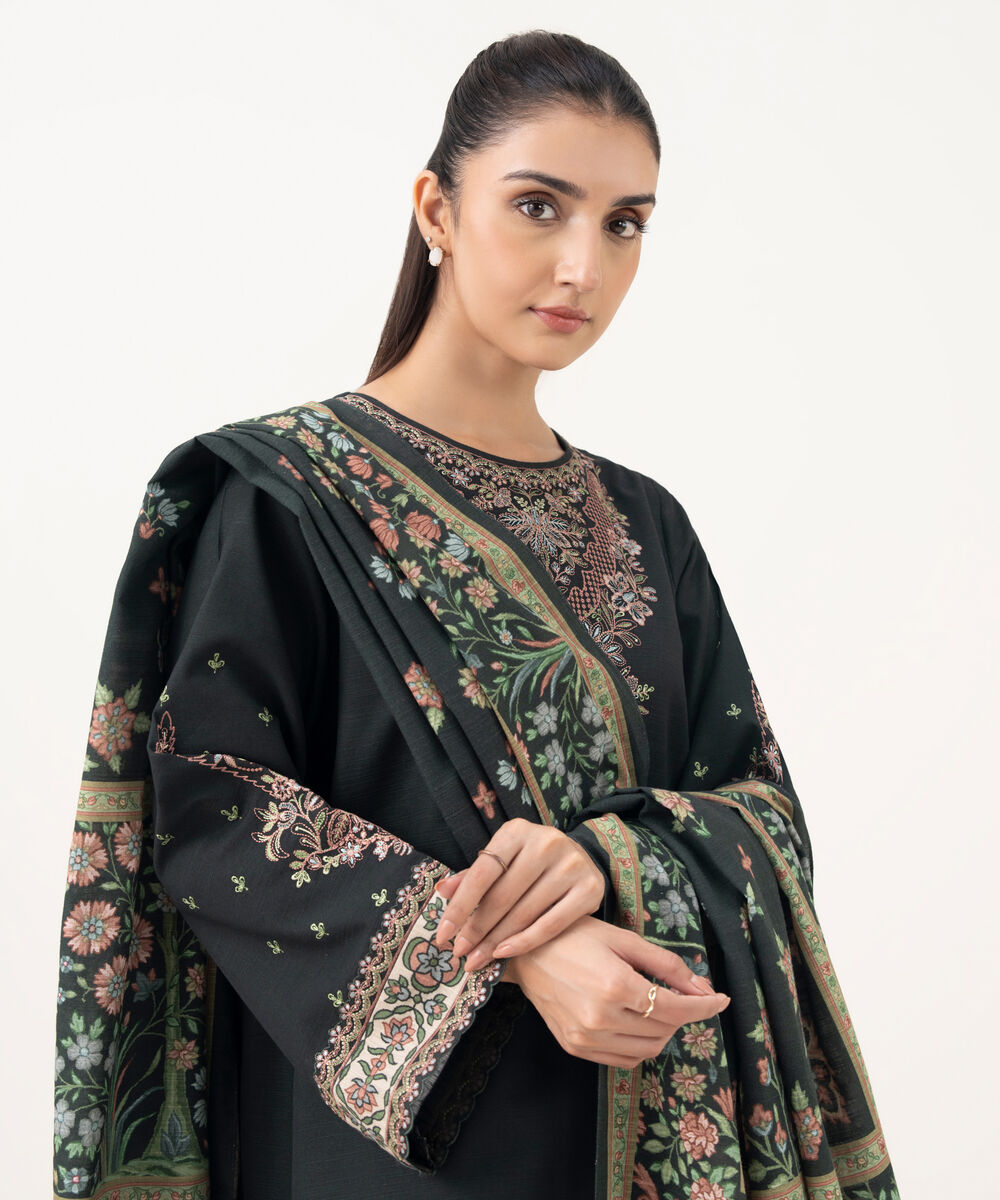 Women's Unstitched Light Khaddar Embroidered Green 3 Piece Suit