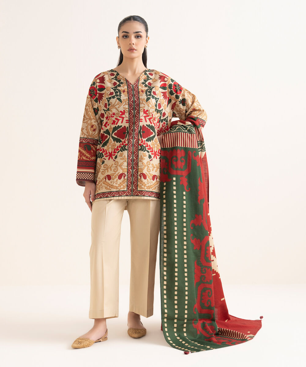 Light Khaddar Printed Red Dupatta