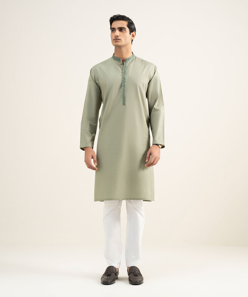 Men's Stitched Cotton Jacquard Light Olive Kurta