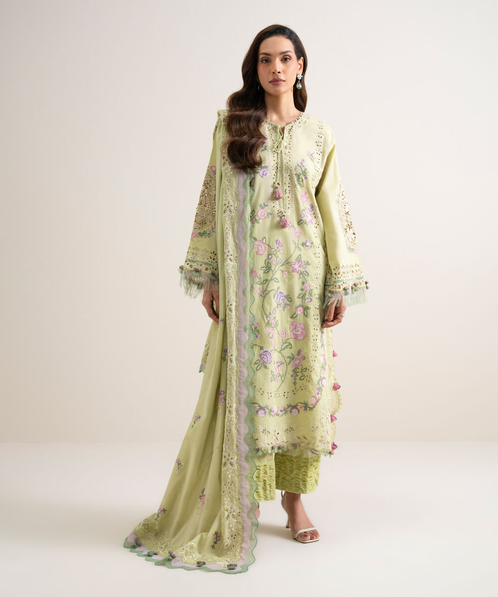 Women's Unstitched Lawn Embroidered Green 3 Piece Suit