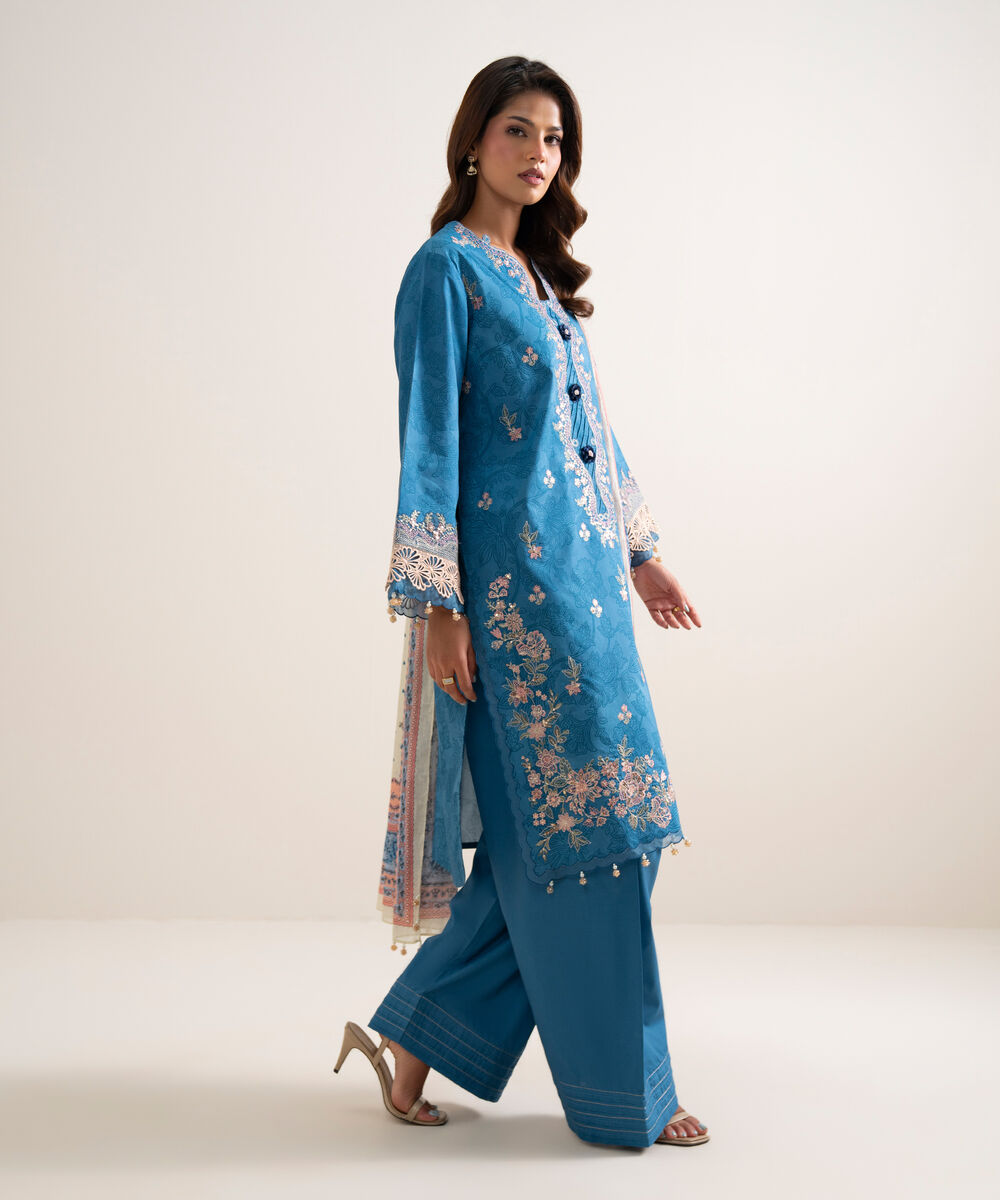 Women's Unstitched Lawn Embroidered Blue  3 Piece Suit