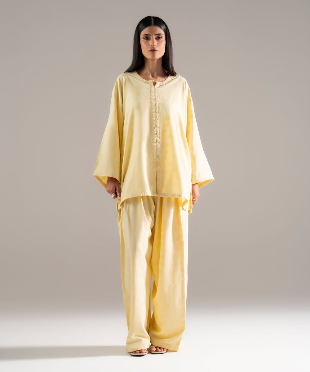 Women's RTW Poly Viscose Jacquard Solid Lime Yellow Drop Shoulder Shirt