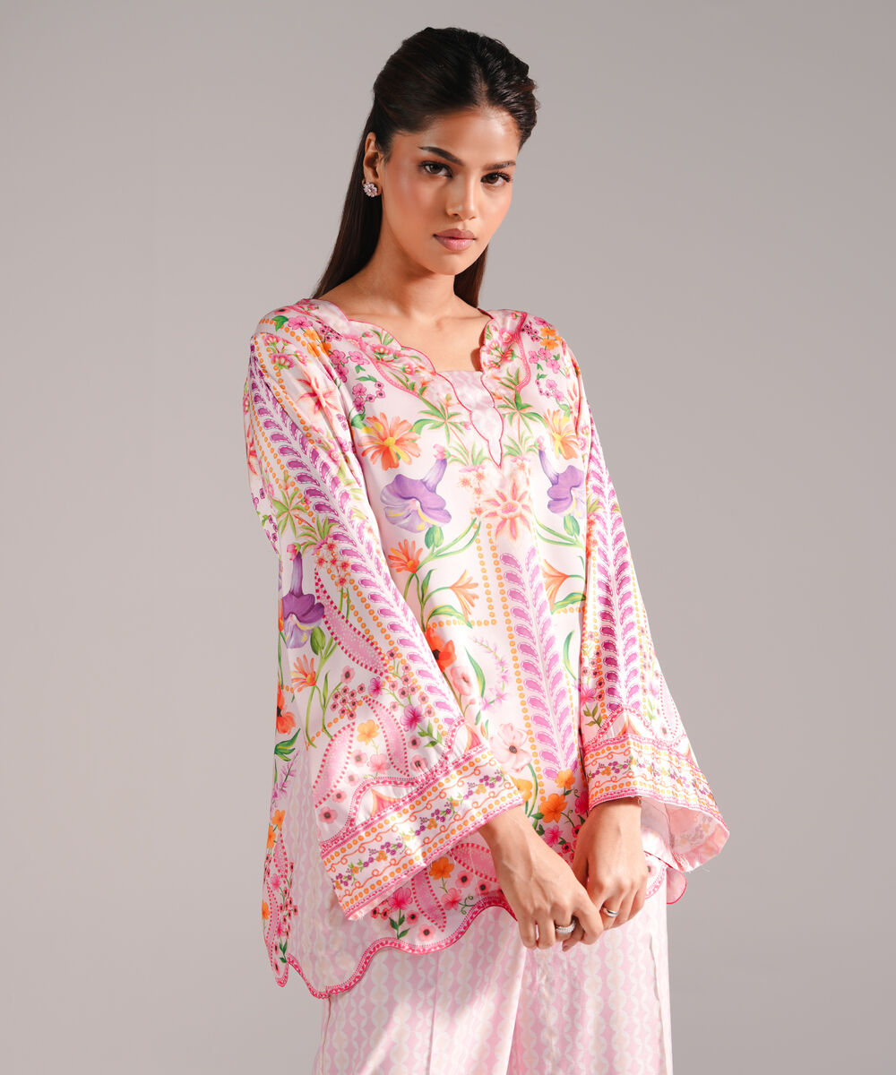 Women's RTW Blended Satin Printed Pink 2 Piece Suit