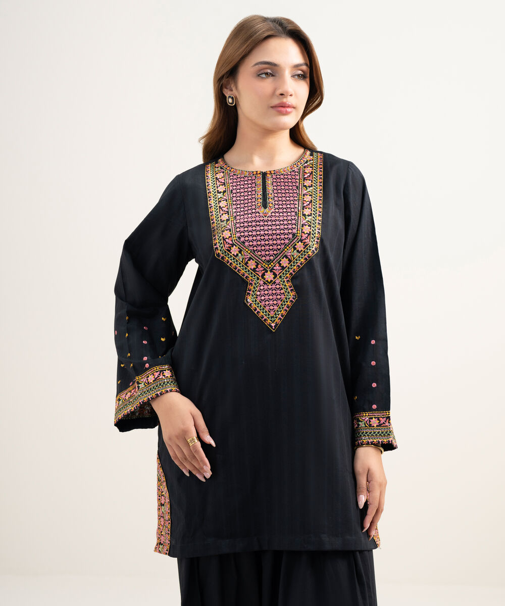 Women's RTW Dobby Embroidered Black 2 Piece Suit