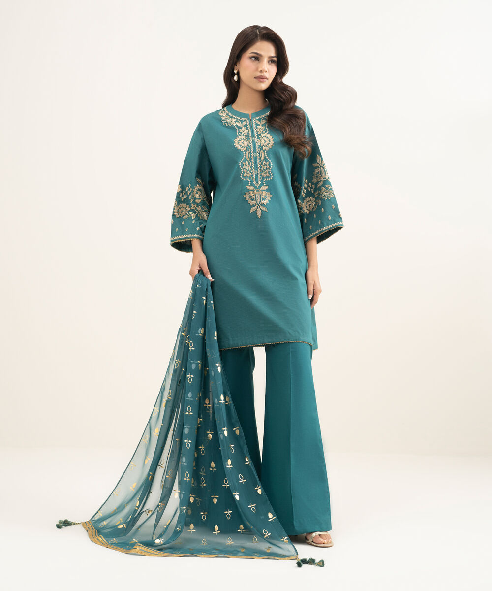 Women's Unstitched Zari Lawn Embroidered Green 3 Piece Suit