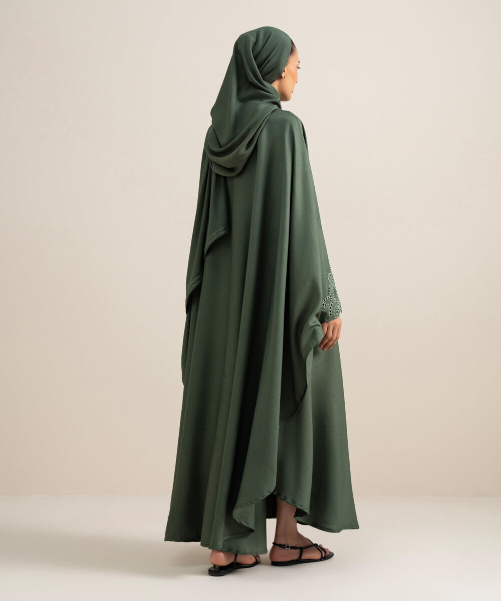 Women's Emerald Green Embroidered Kaftan Abaya Set