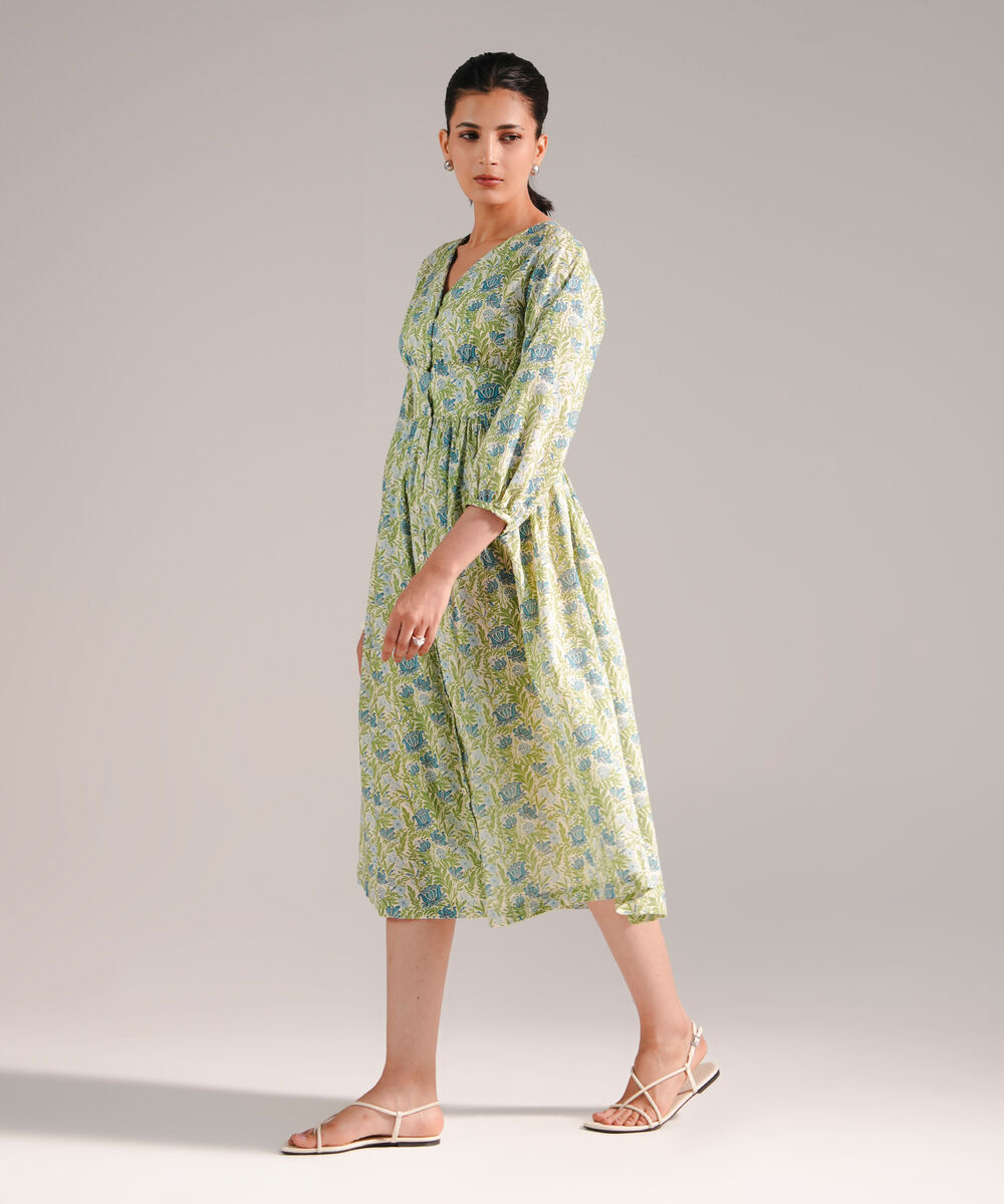 Women's RTW Slub Lawn Printed Green Dress