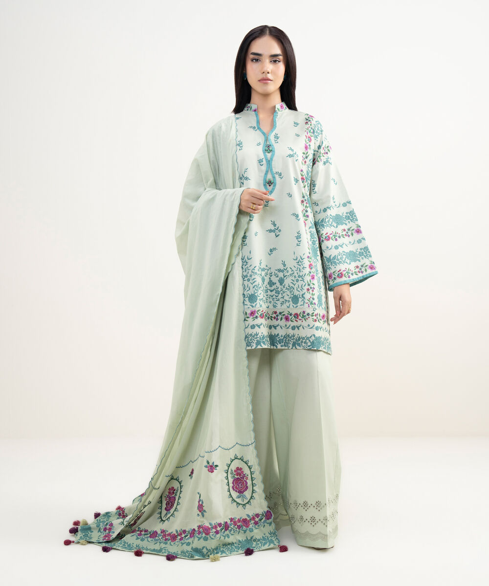 Women's Unstitched Lawn Embroidered Green 3 Piece Suit