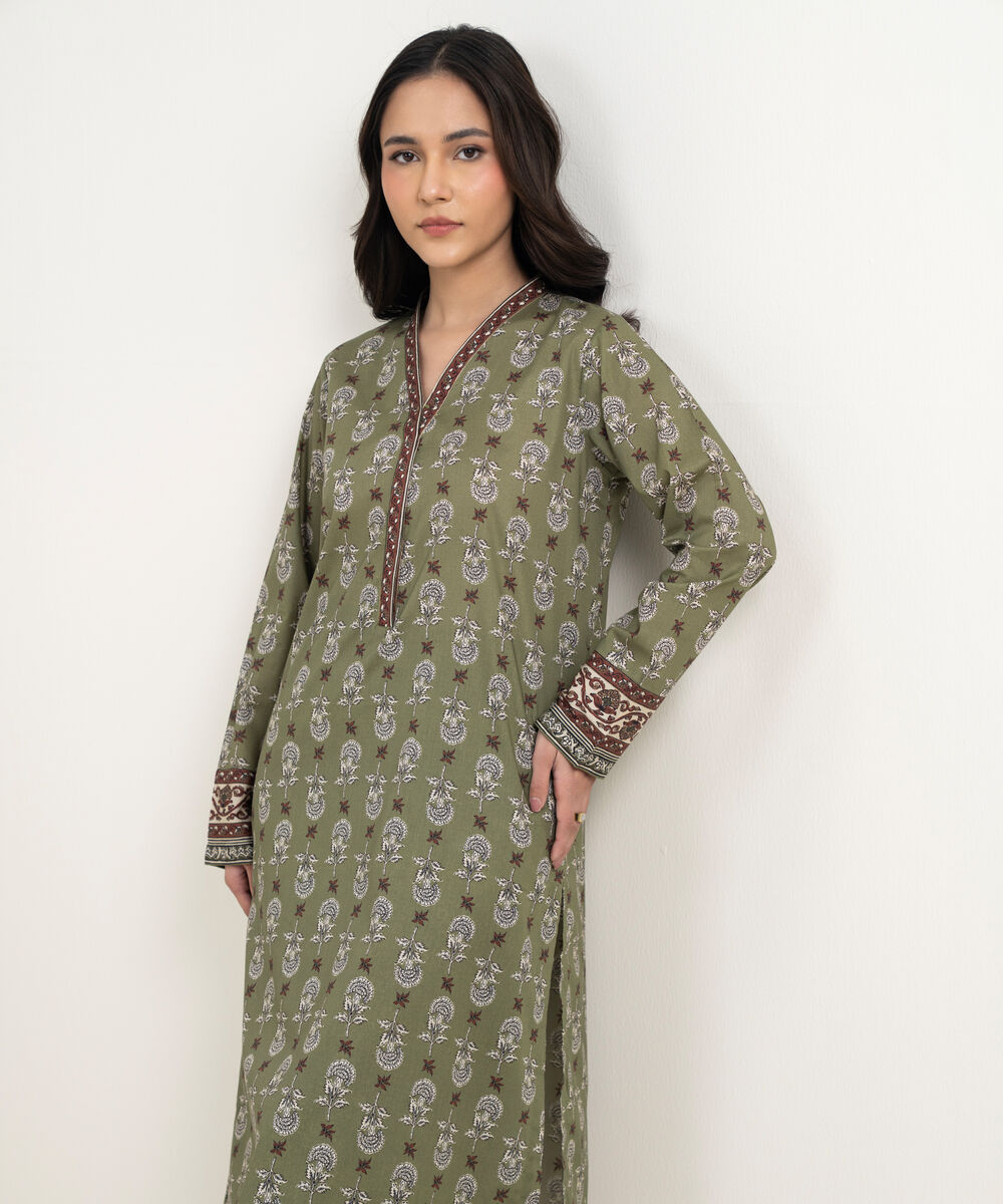 Women's RTW Lawn Printed Green Straight Shirt