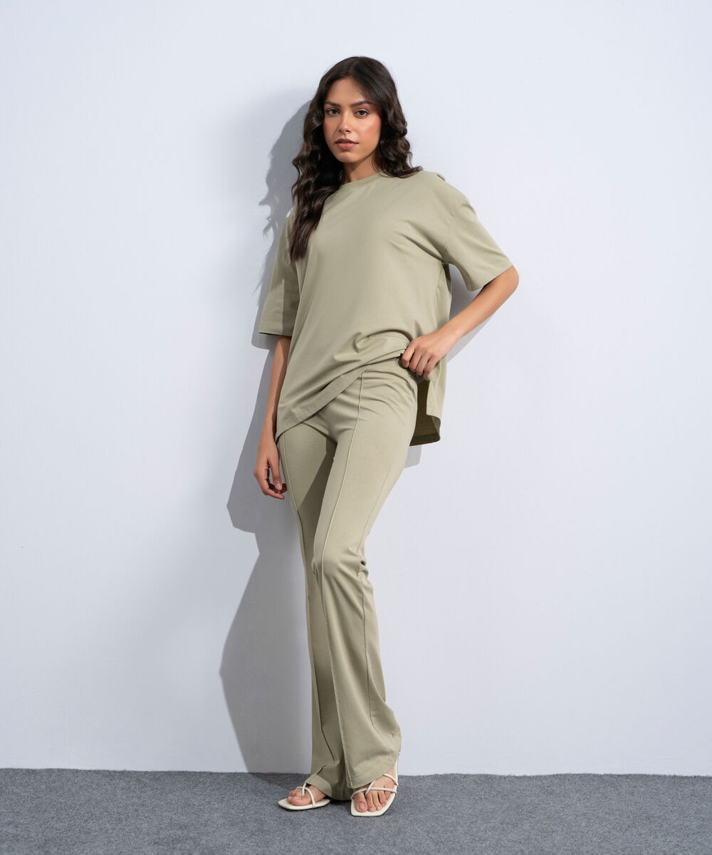 Women's Western Sage Green Stretchy Flared Trousers