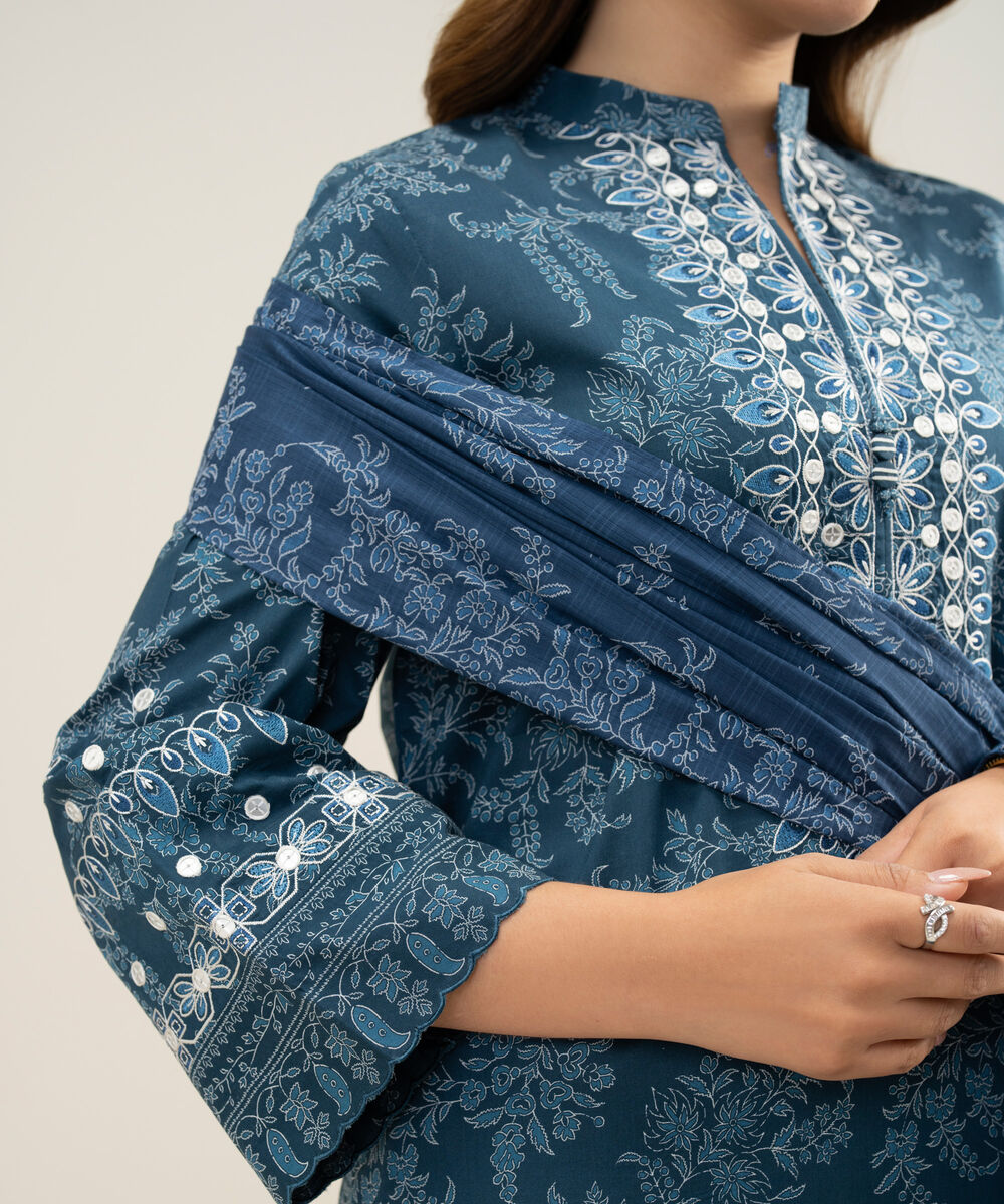 Women's Unstitched Lawn Embroidered Blue 3 Piece Suit