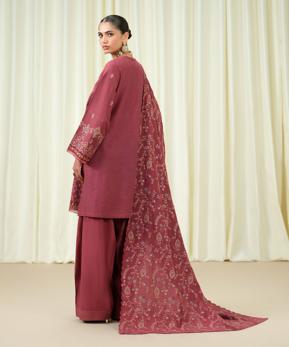 Women's Unstitched Viscose Karandi Embroidered Pink 3 Piece Suit