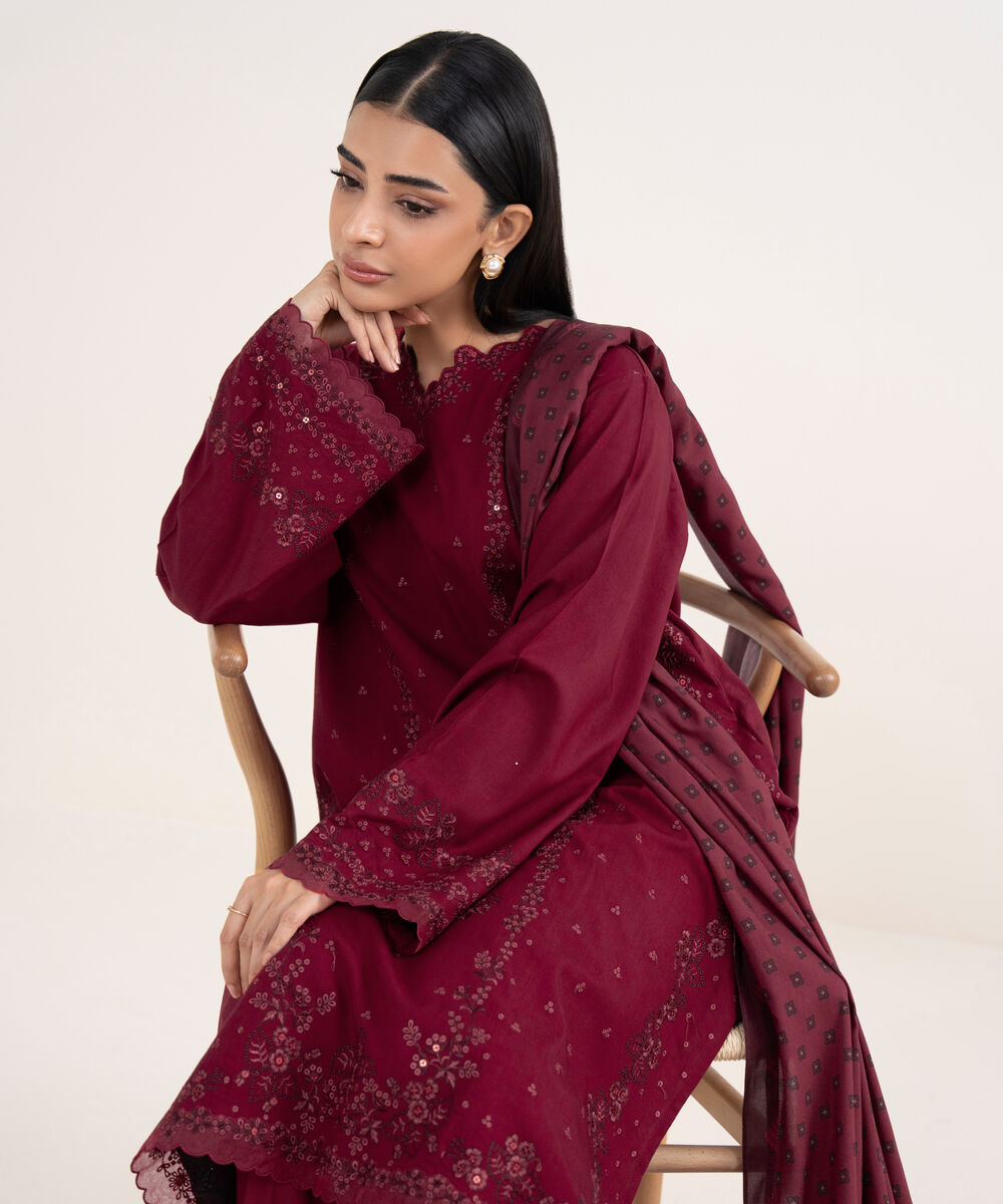 Women's Unstitched Linen Embroidered Red 3 Piece Suit