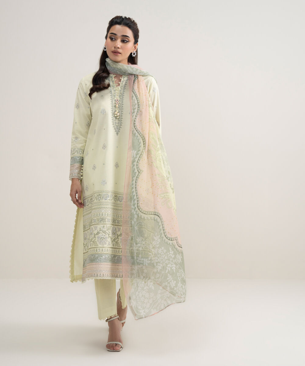 Women's Unstitched Lawn Embroidered Yellow 3 Piece Suit