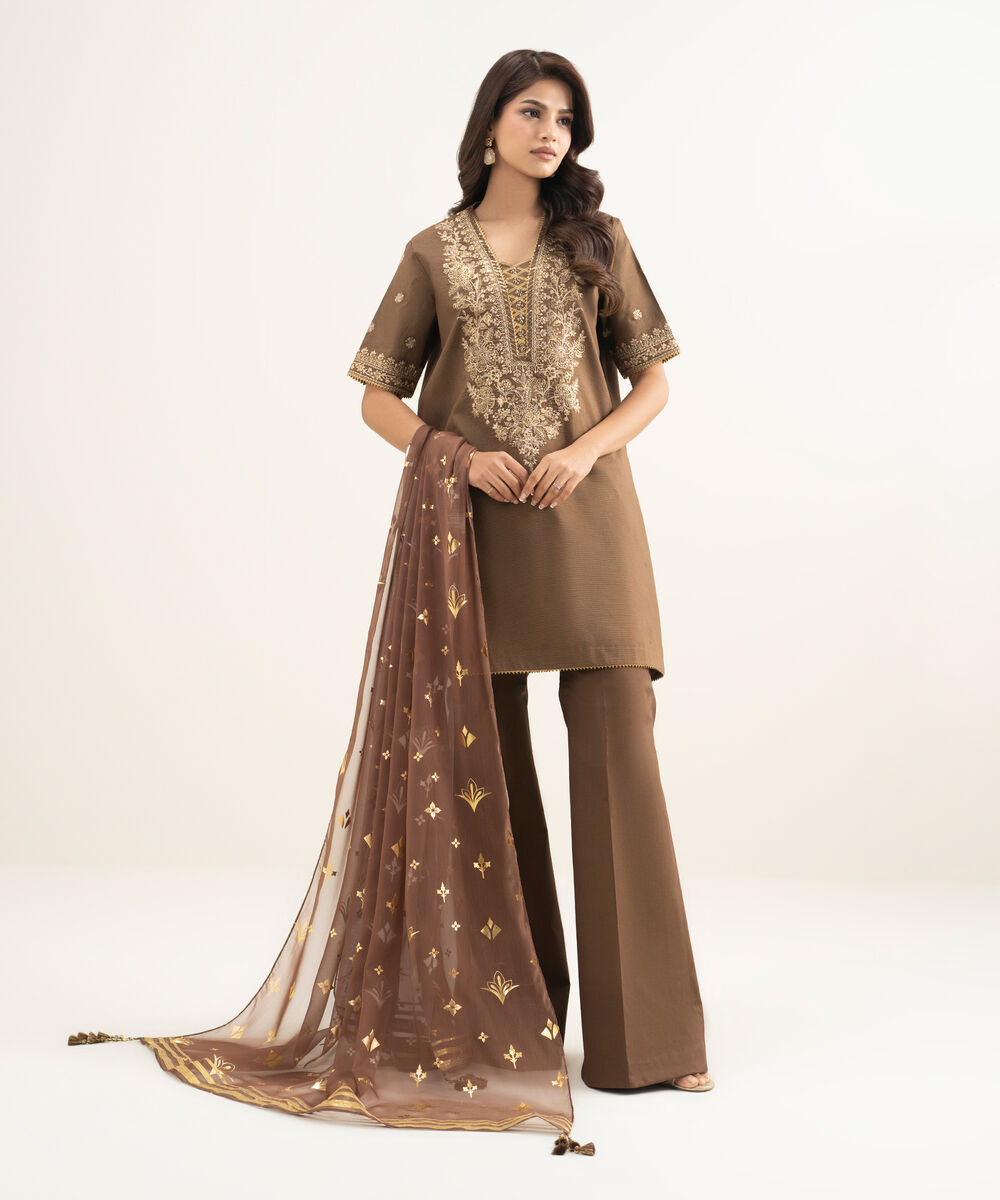 Women's Unstitched Zari Lawn Embroidered Brown 3 Piece Suit