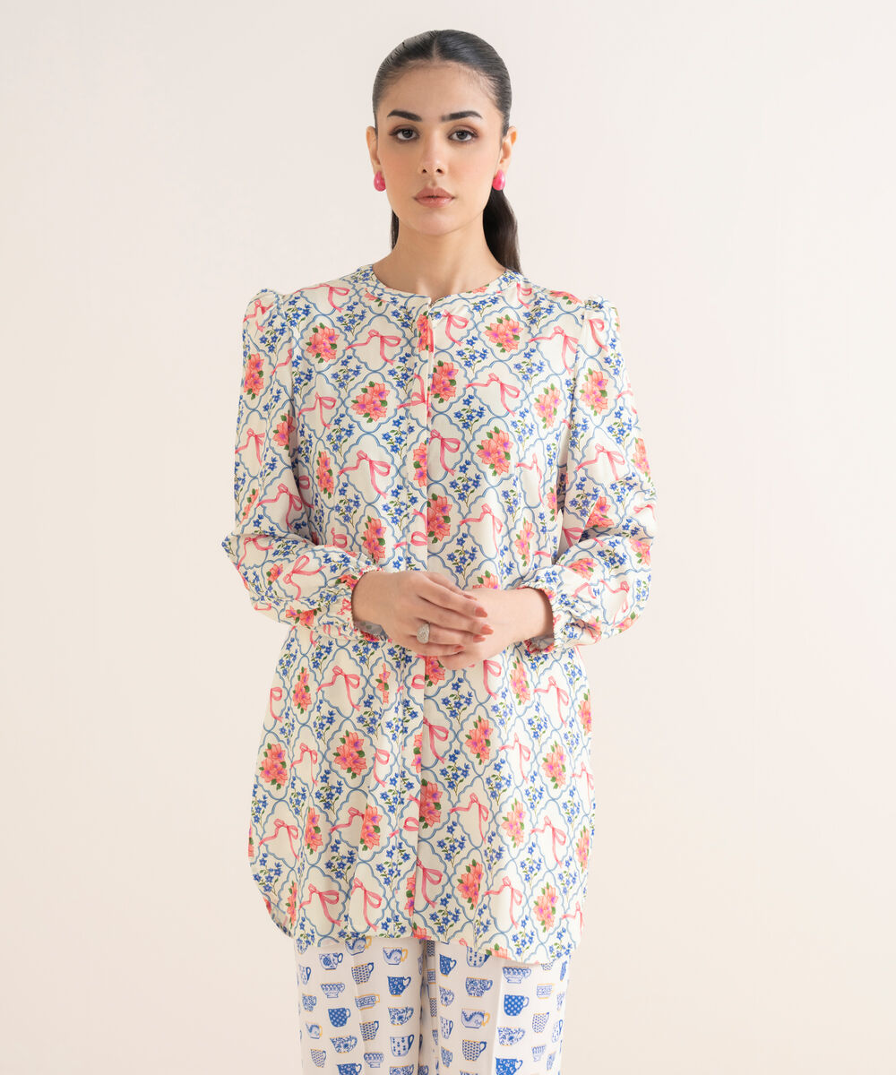 Women's RTW Linen Viscose Printed Off White Straight Shirt