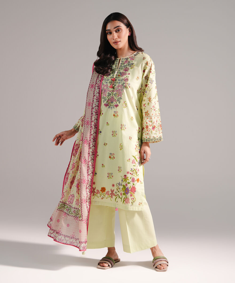 Women's RTW Lawn Printed Green 3 Piece Suit