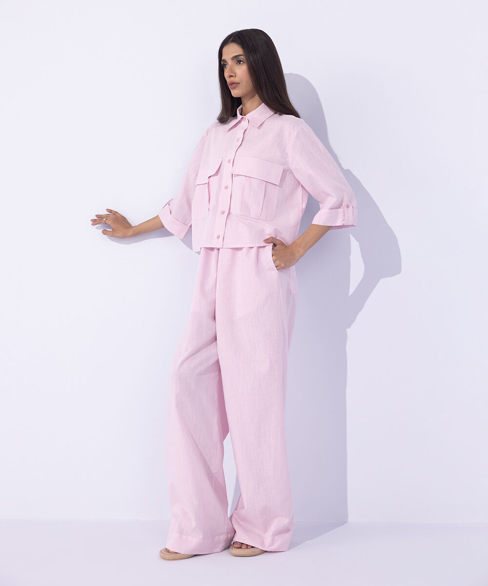 Women's Western Wear Pink  Cropped Shirt With Cargo Pockets