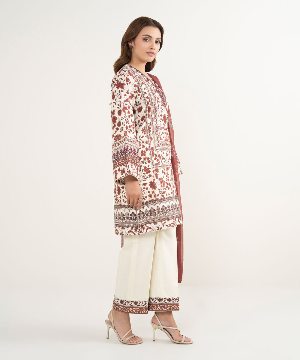 Women's Unstitched Lawn Embroidered Red 3 Piece Suit