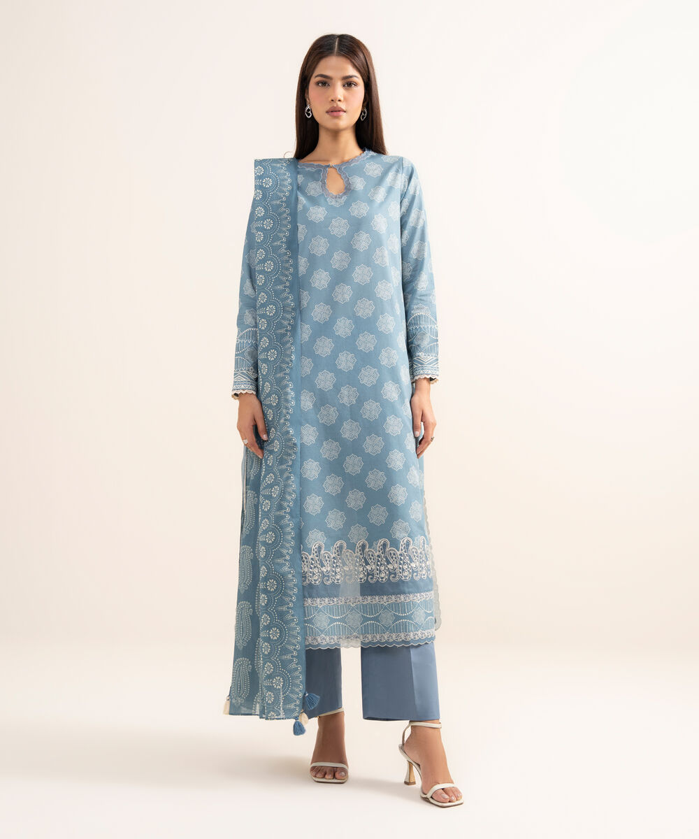 Women's Unstitched Lawn Embroidered Blue 3 Piece Suit