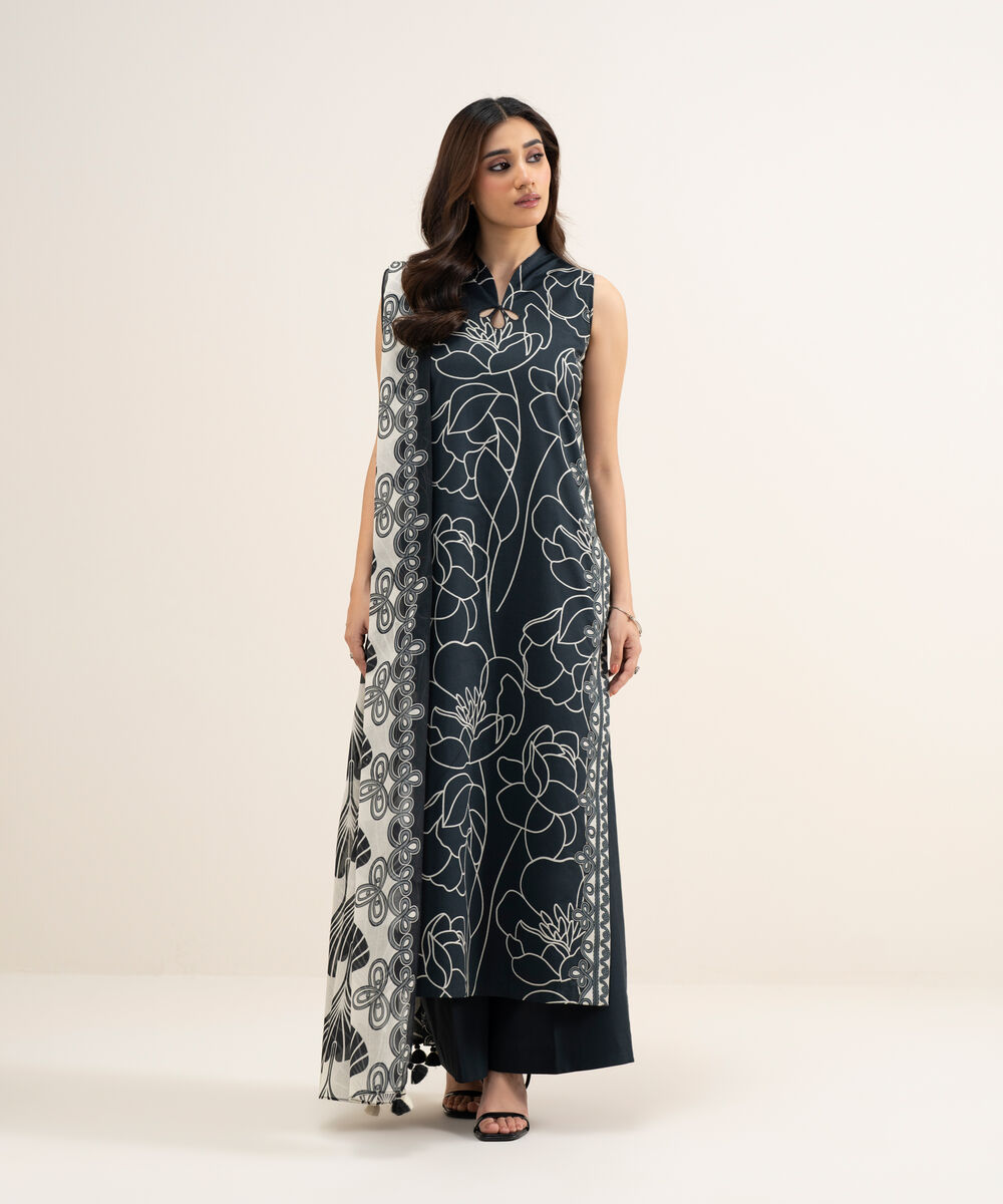 Women's Unstitched Lawn Printed Black and Off White 2 Piece Suit