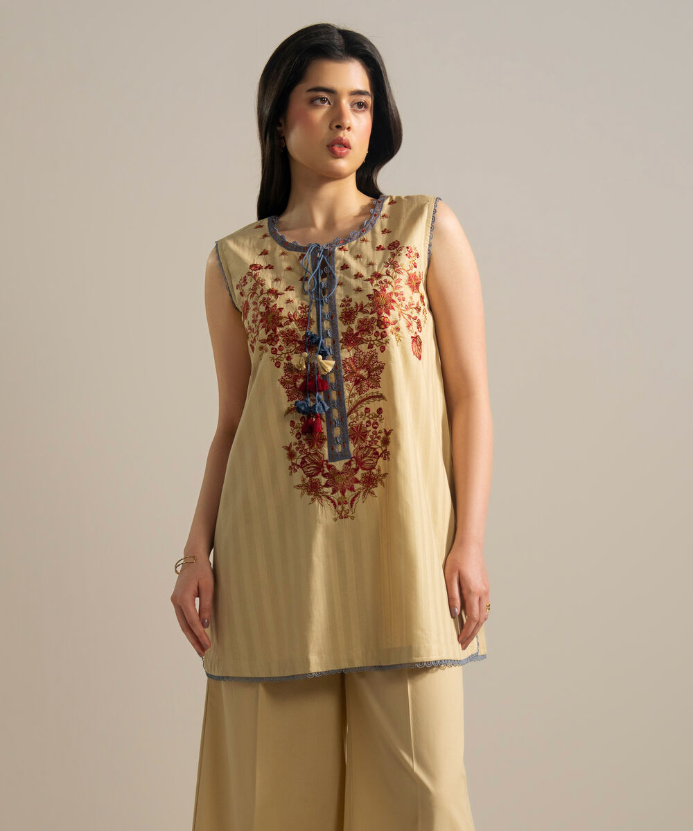 Women's RTW Leno Kara Embroidered Beige Straight Shirt