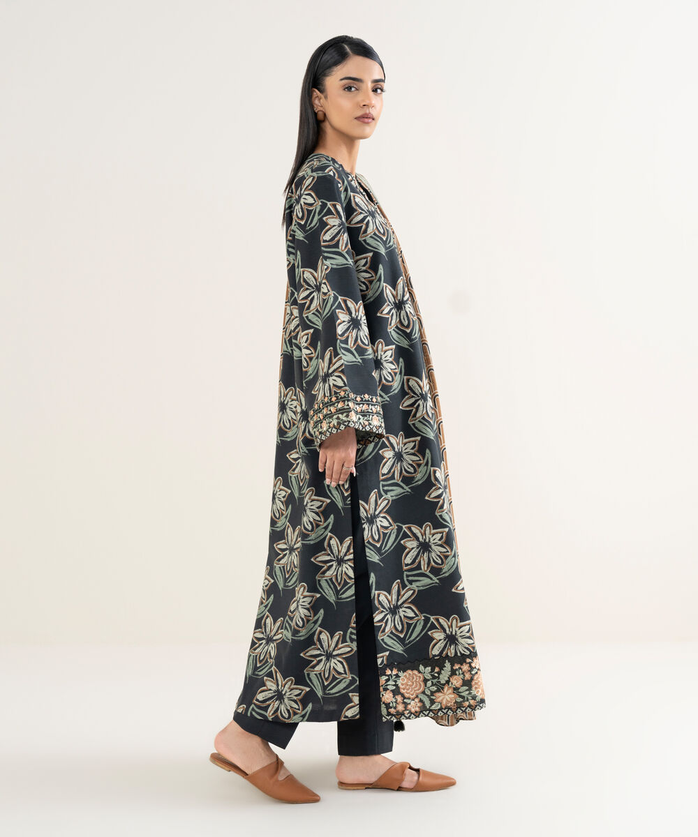 Women's Unstitched Printed Khaddar Black 3 Piece Suit