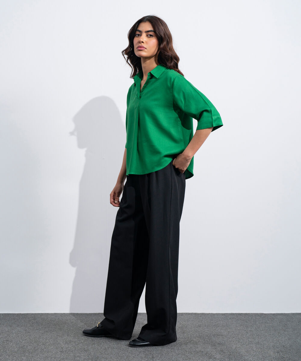 Women's Western Green Linen Blend V-Neck  Top