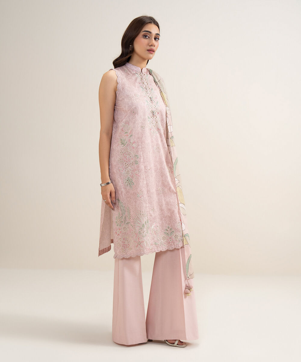 Women's Unstitched Lawn Embroidered Powder Pink 3 Piece Suit