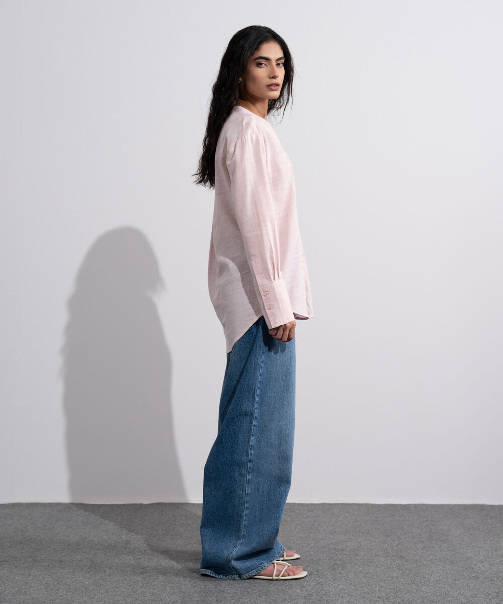 Women's Pink Textured Shirt With Yoke Detail