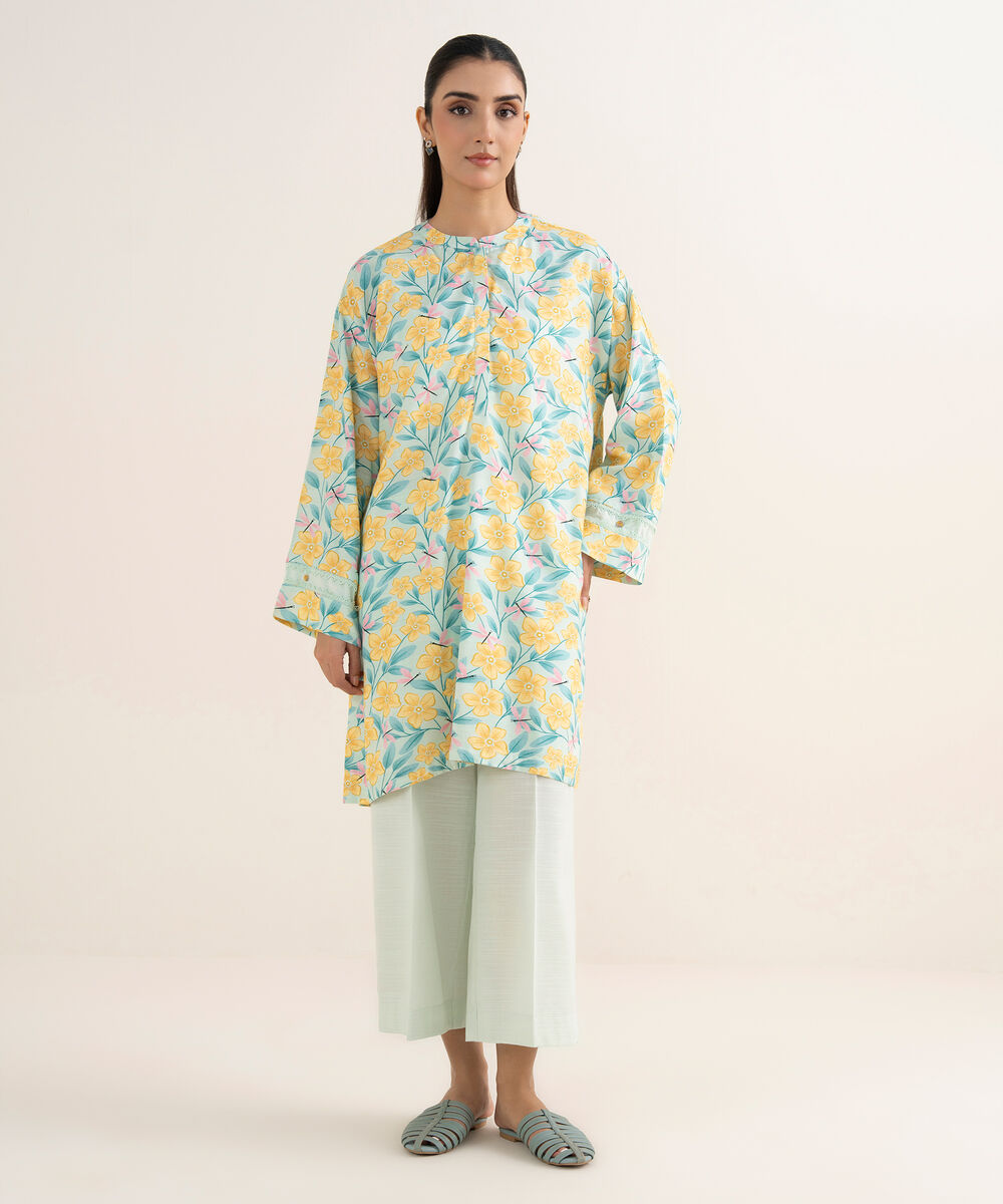 Women's RTW Herringbone Printed Blue Straight Shirt