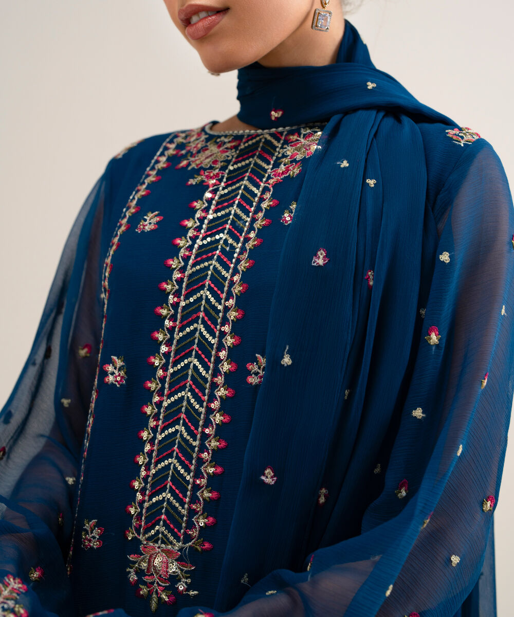 Women's Unstitched Embroidered Blended Chiffon Teal Blue 3 Piece Suit