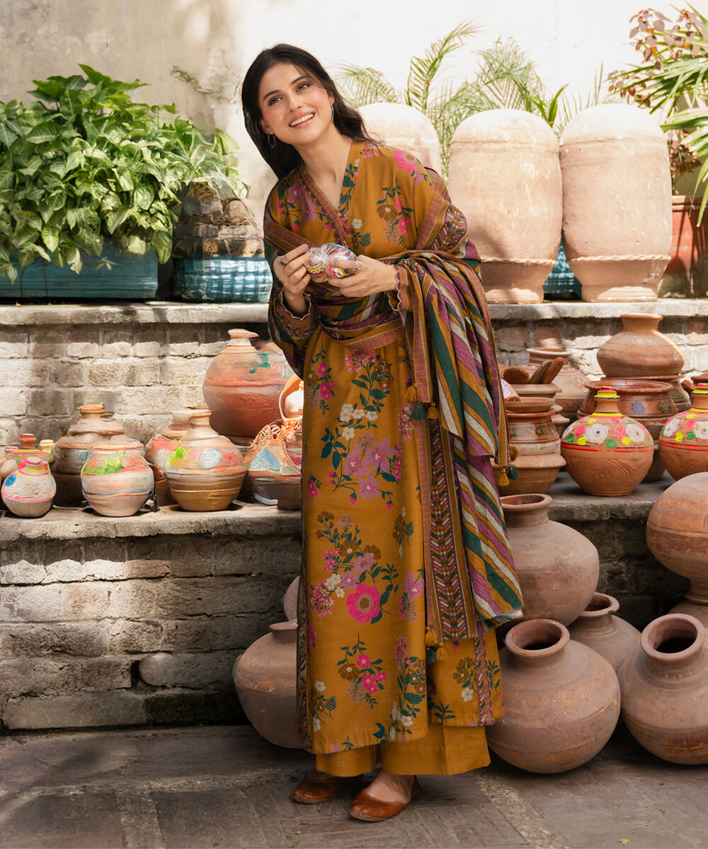Women's Unstitched Premium Khaddar Printed Mustard 3 Piece Suit