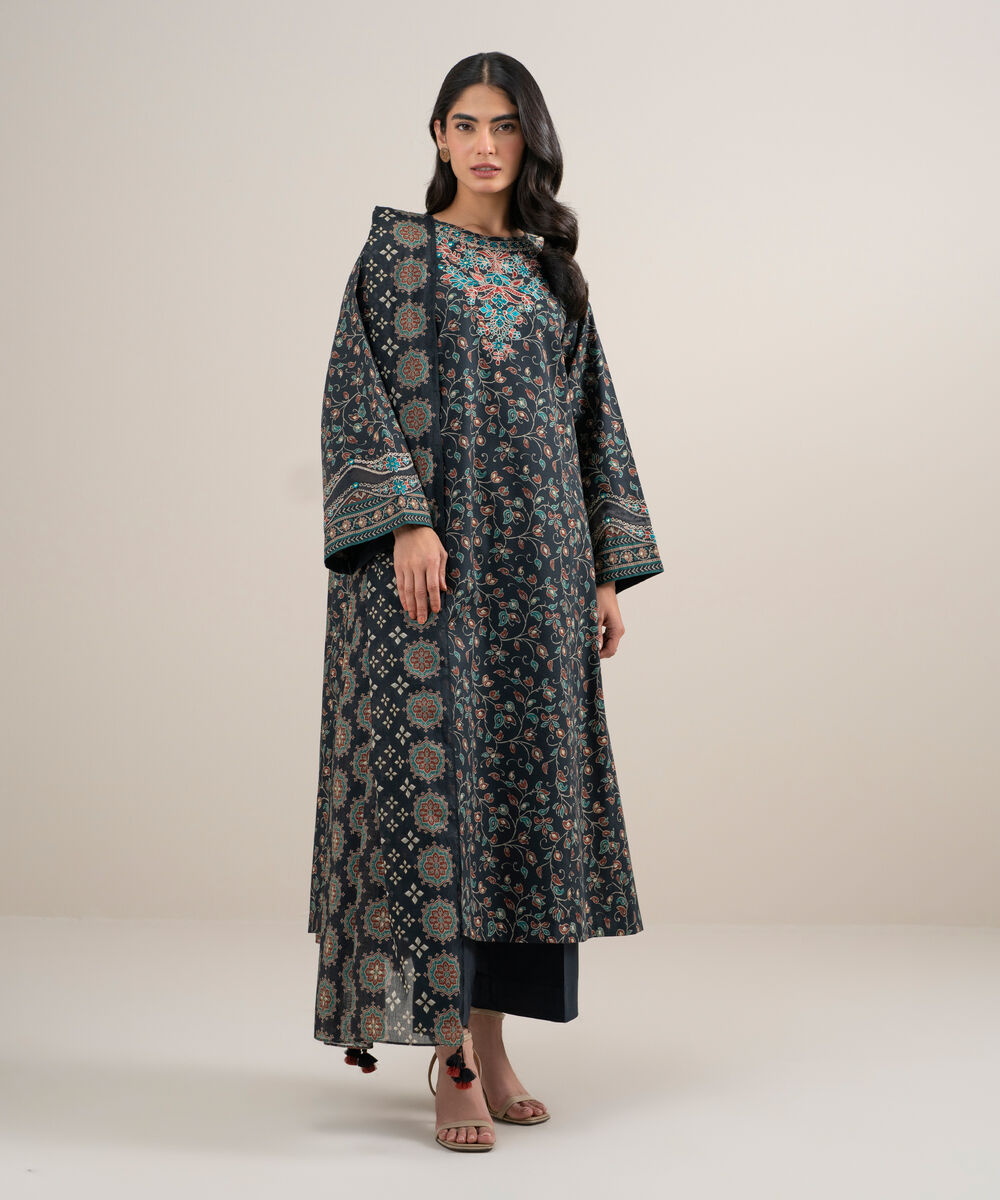 Women's Unstitched Lawn Embroidered Black 3 Piece Suit