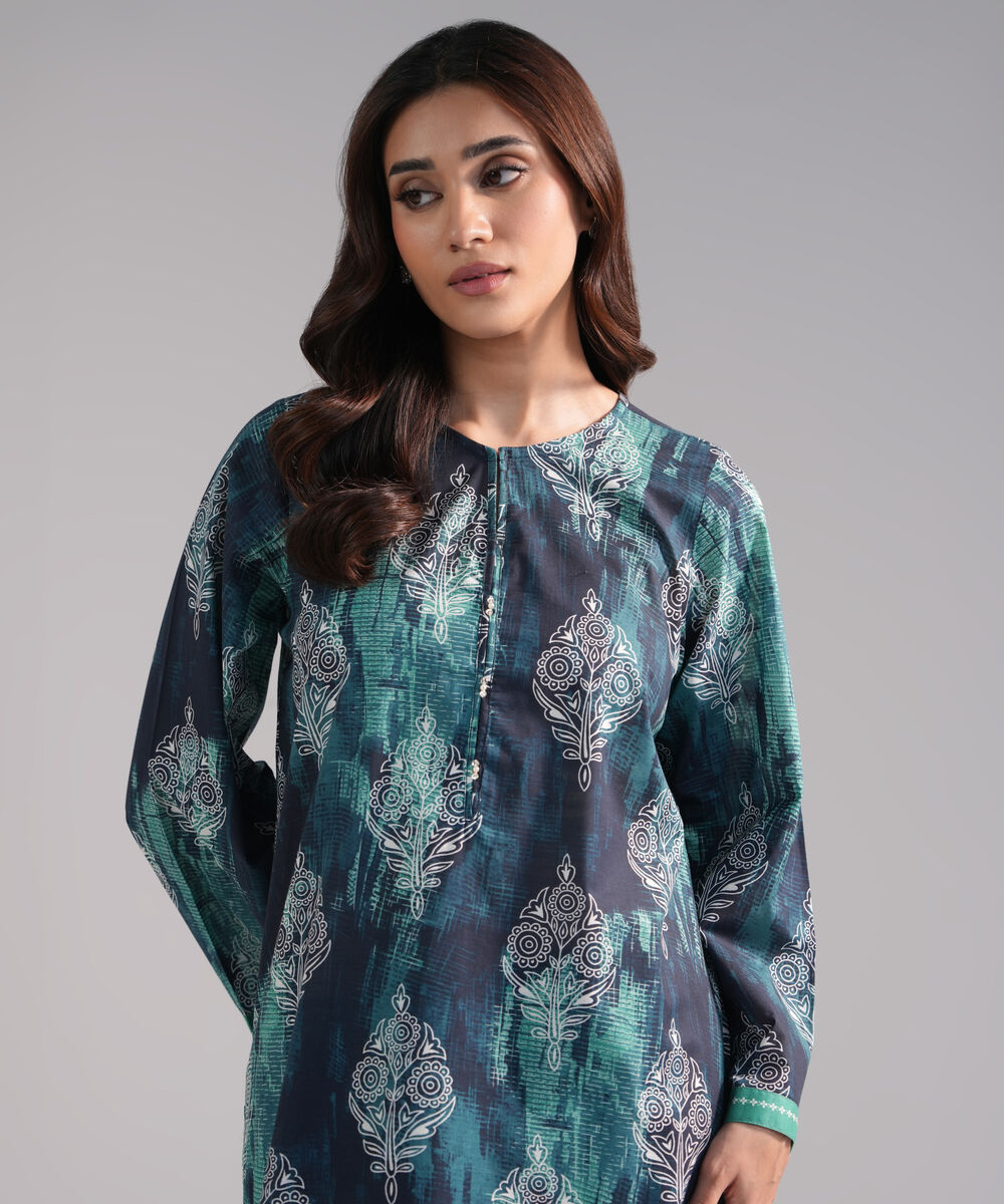 Women's RTW Slub Lawn Printed Dark Blue Straight Shirt