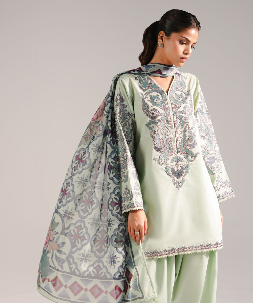 Women's RTW Zari Lawn Embroidered Mint Green 3 Piece Suit