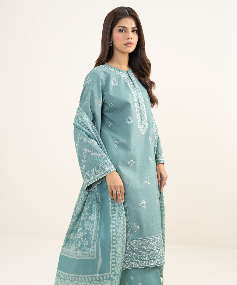 Women's Unstitched Dobby Embroidered Grey 3 Piece Suit