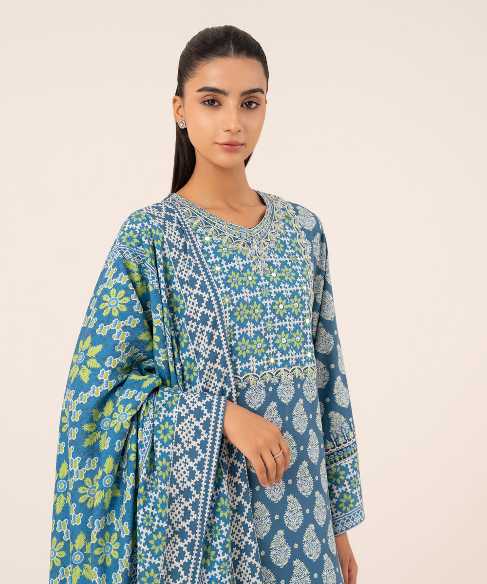 Women's Unstitched Linen Embroidered Blue 3 Piece Suit