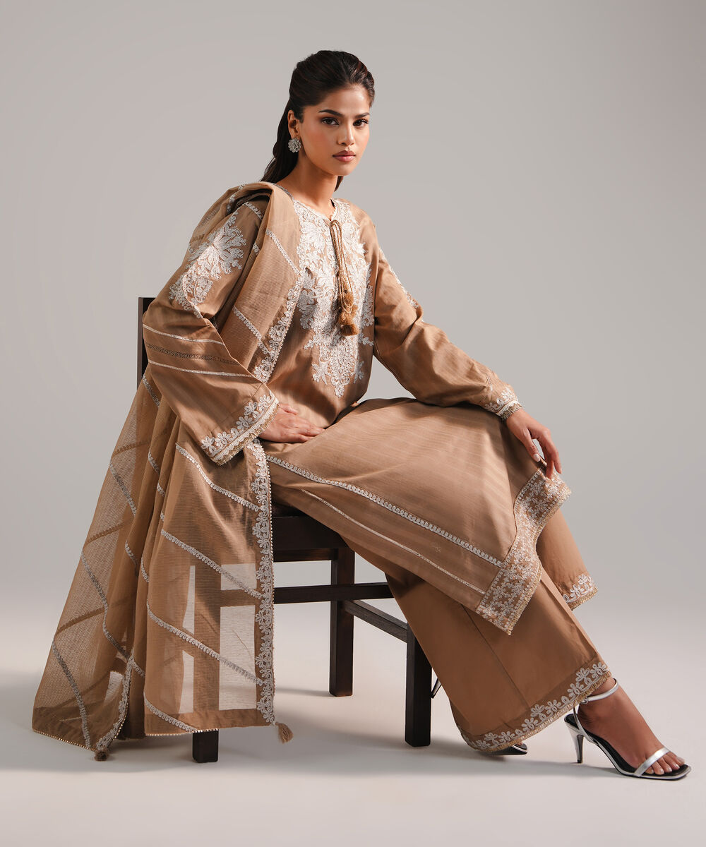 Women's RTW Leno Kara Embroidered Brown 3 Piece Suit