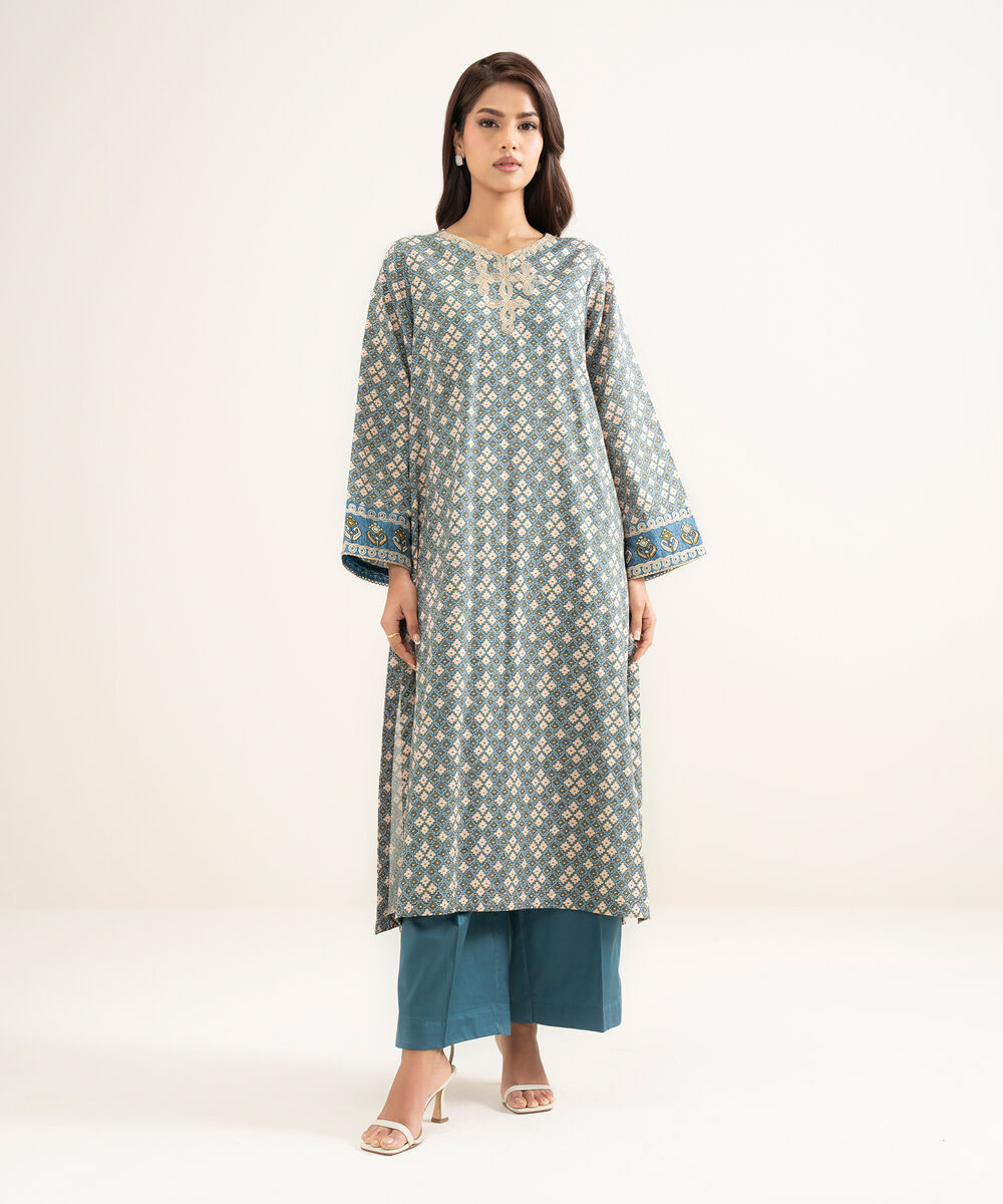 Women's RTW Lawn Embroidered Blue A-Line Shirt
