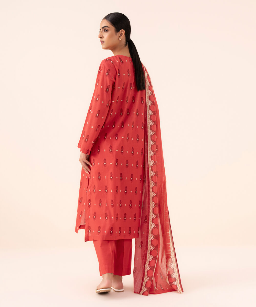 Women's Unstitched Cotton Printed Red Three Piece Suit